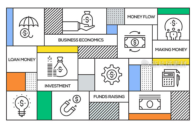 Business Economics Concept. Geometric Retro Style Banner and Poster Concept with Business Economics Line Icons